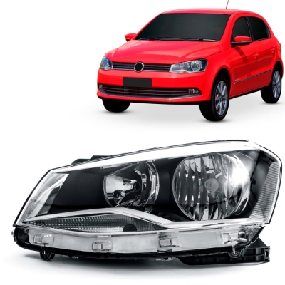 Farol - Volkswagen Gol / Saveiro / Voyage G6 2013/2016 - H1 e H7 / Foco Duplo / Moldura Frontal Metalizada / Lado Esquerdo